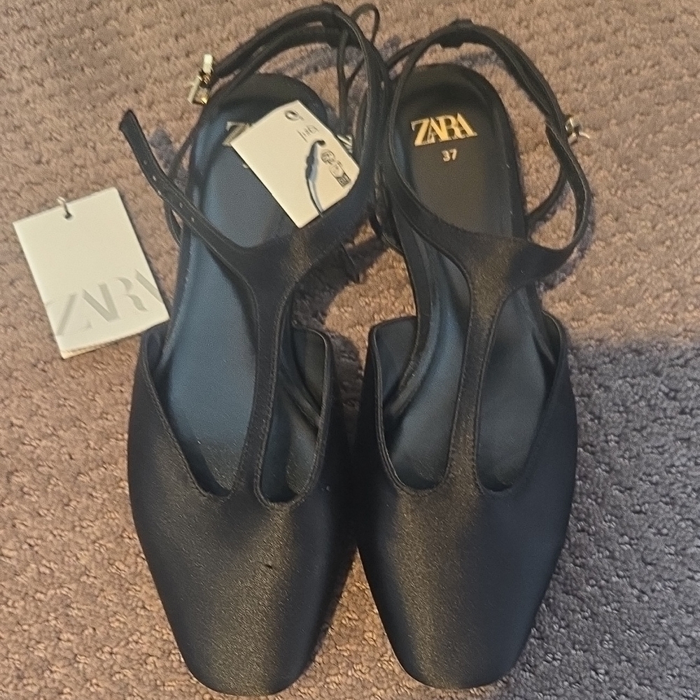 Zara Black Satin  Tstrap Sandals